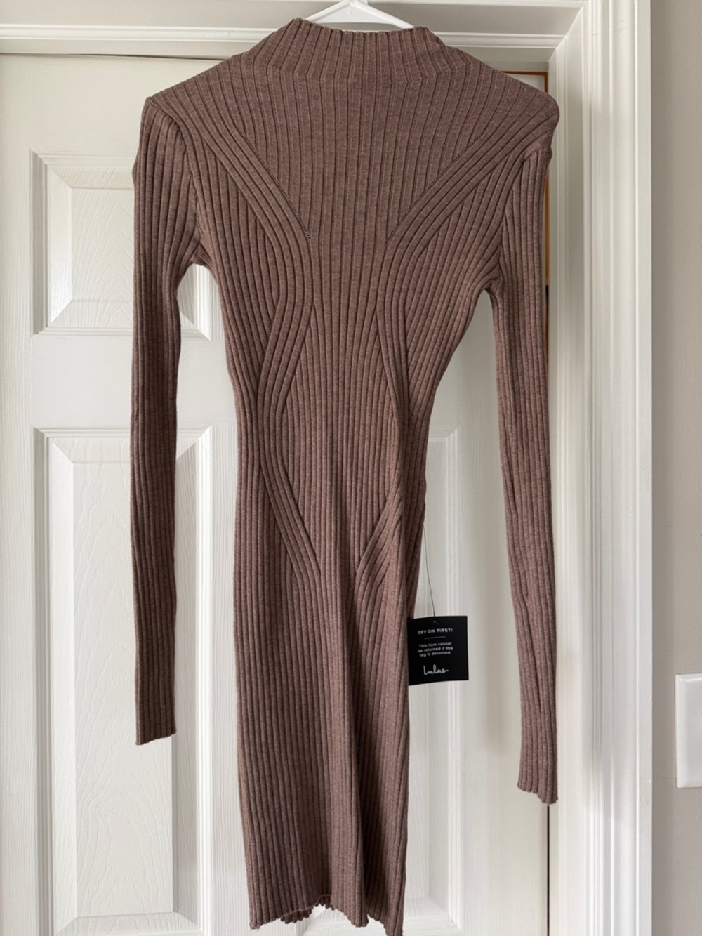 Lulu's Ribbed Long Sleeve Bodycon Dress in Brown Taupe
